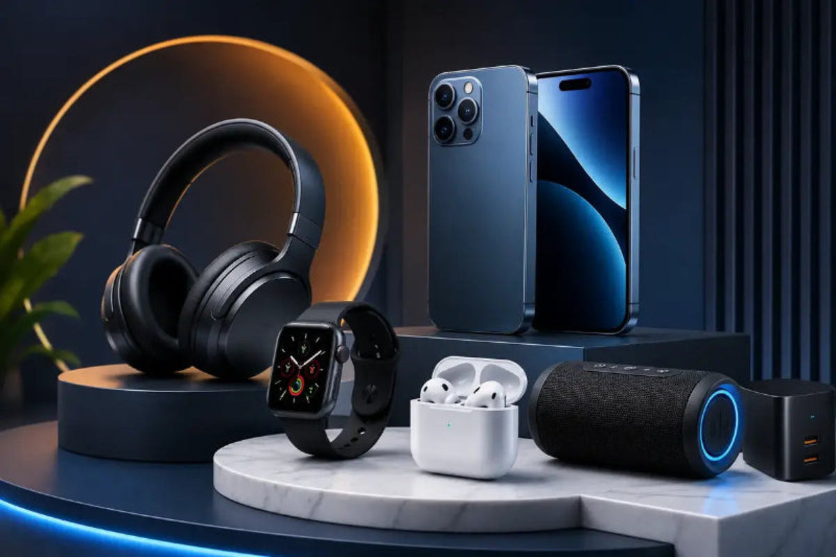 Sumixa premium gadgets collection – smart watch, headphones, earbuds and smartphone,